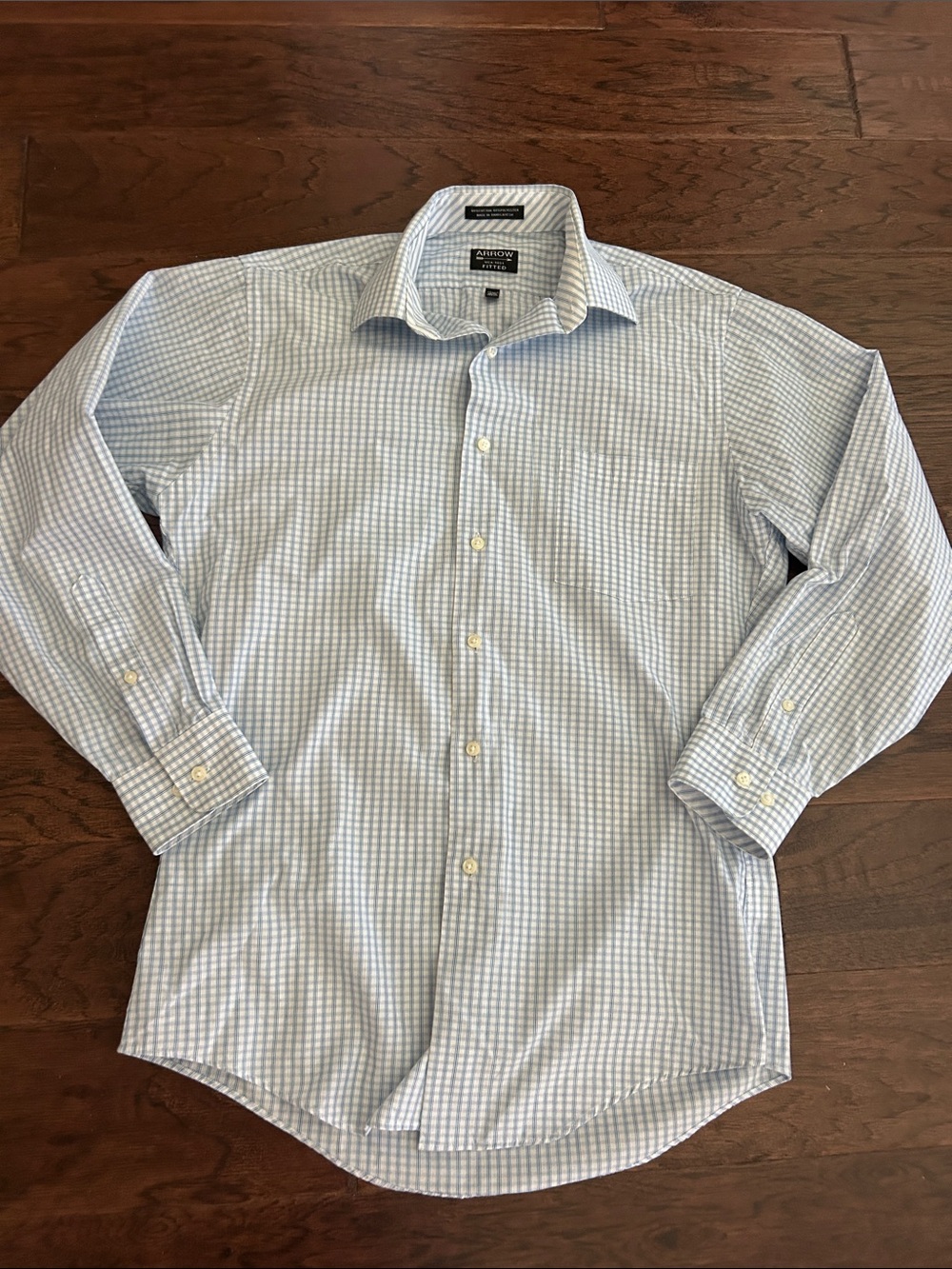 Arrow Fitted Wrinkle Free Light Blue Micro-Check Long Sleeve Dress Shirt